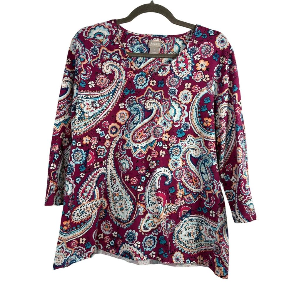 Chicos Floral Paisley Tunic Top V-Neck 3/4 Sleeve Magenta Pink Boho Classic L